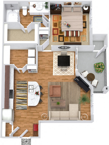 Floor plan for 1 bed, 1 bath, 785 sqft